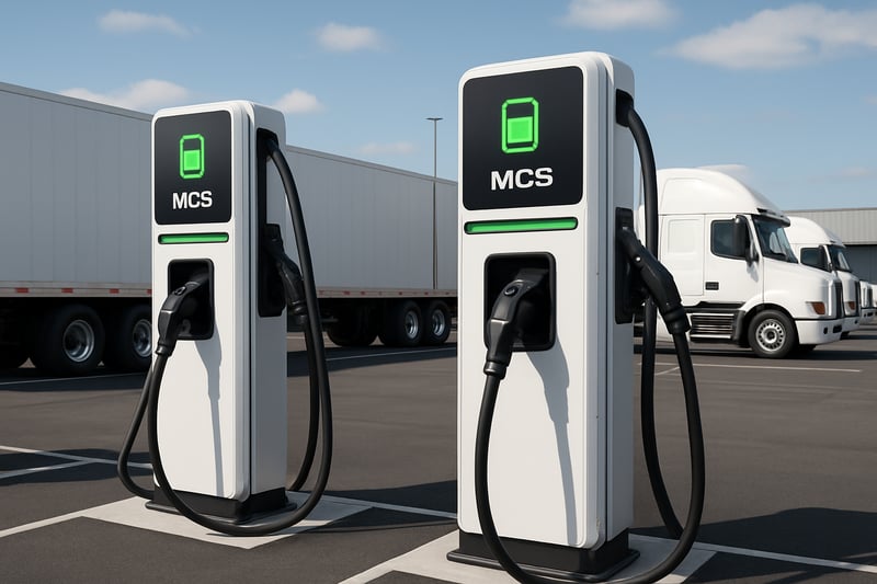 Modern MCS charging stations installed at a commercial fleet parking facility