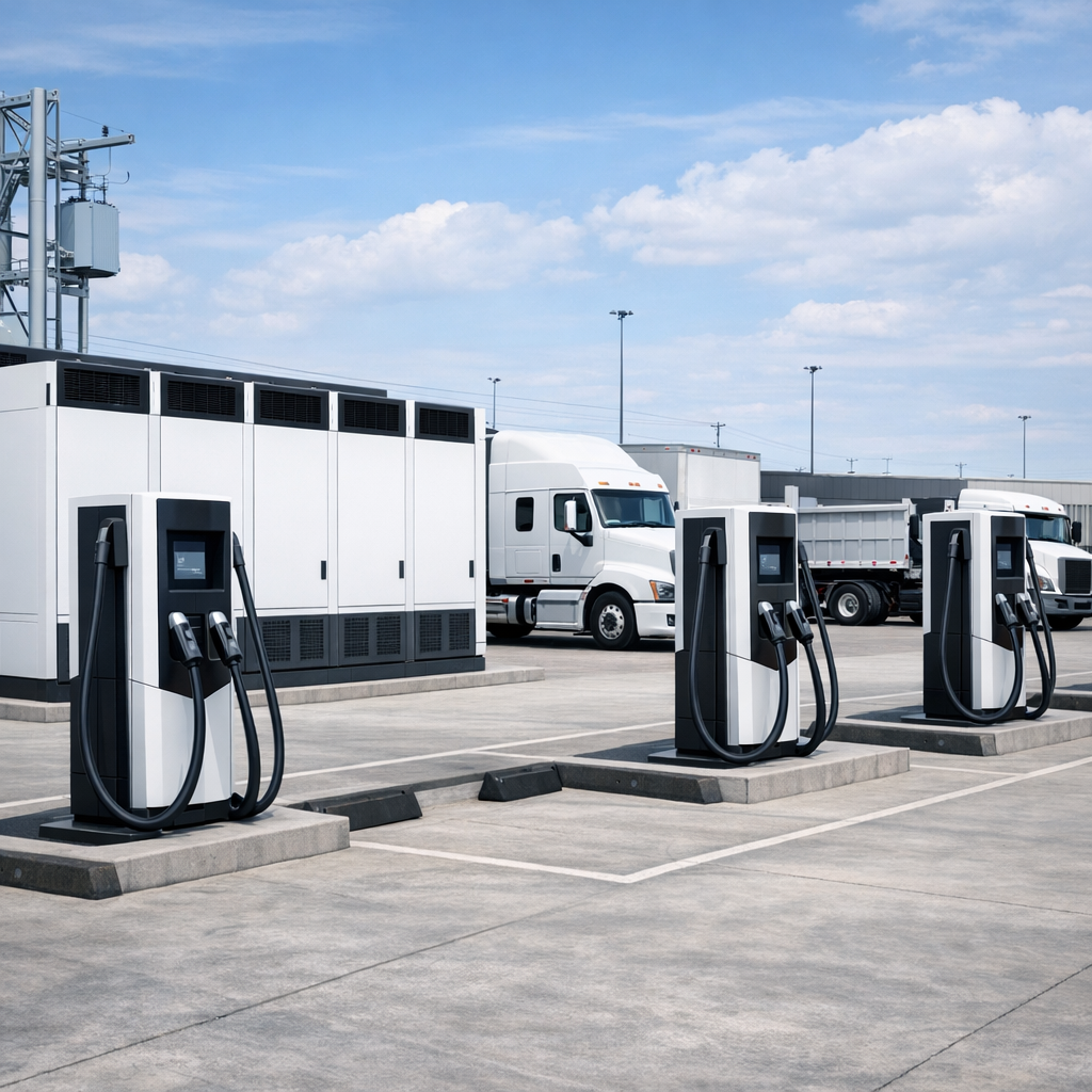 Clean modular MCS charging station with distributed power cabinets and remote dispensers at heavy-duty fleet depot