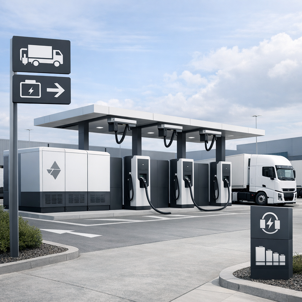 Modern battery-buffered megawatt charger installation with clear signage and minimalist design at logistics hub