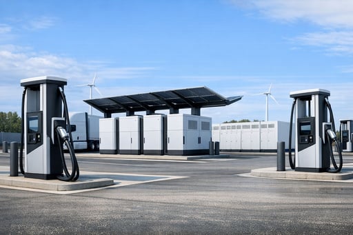 Modern megawatt charging infrastructure with clean power cabinets and distributed charging dispensers Modern megawatt charging infrastructure with clean power cabinets and distributed charging dispensers