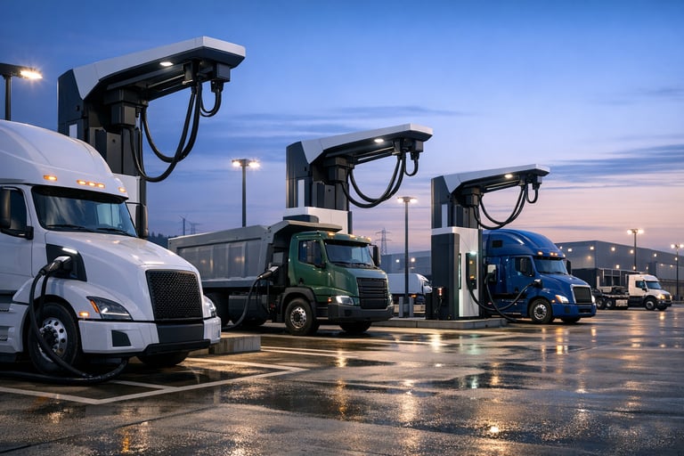 Modern megawatt charging station infrastructure with heavy-duty electric vehicles in an industrial fleet depot