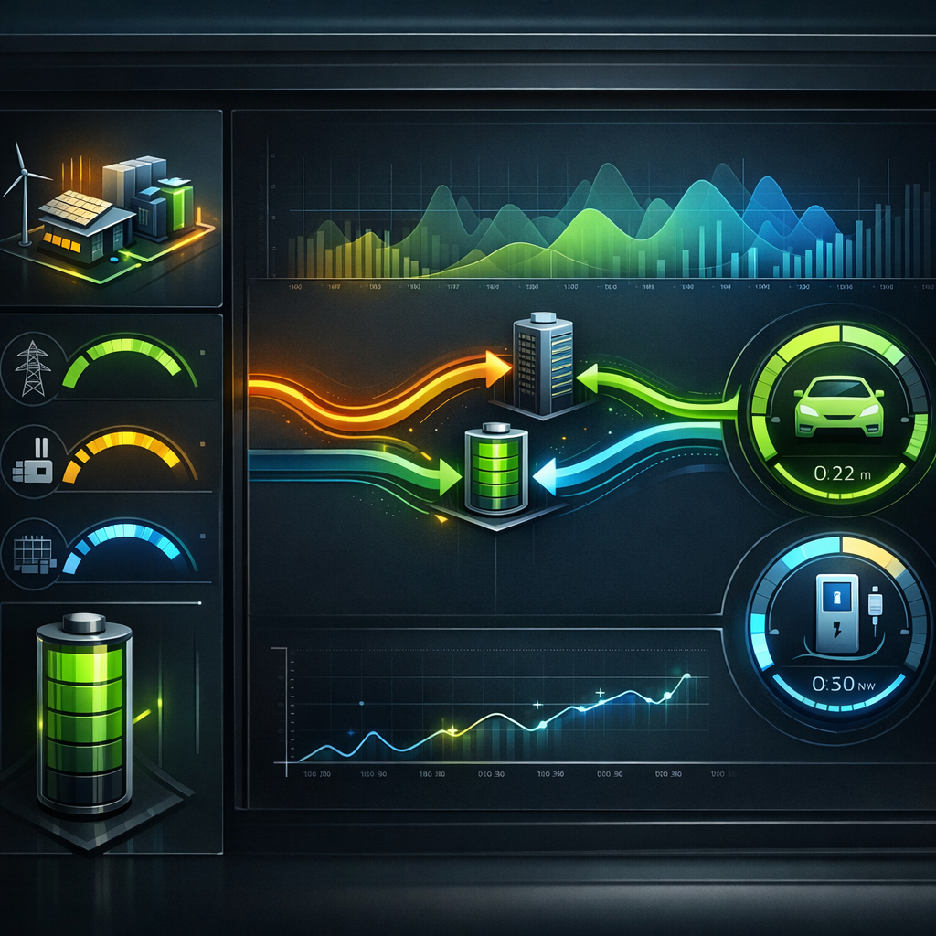 Streamlined energy management system dashboard displaying dynamic power allocation and real-time charging metrics