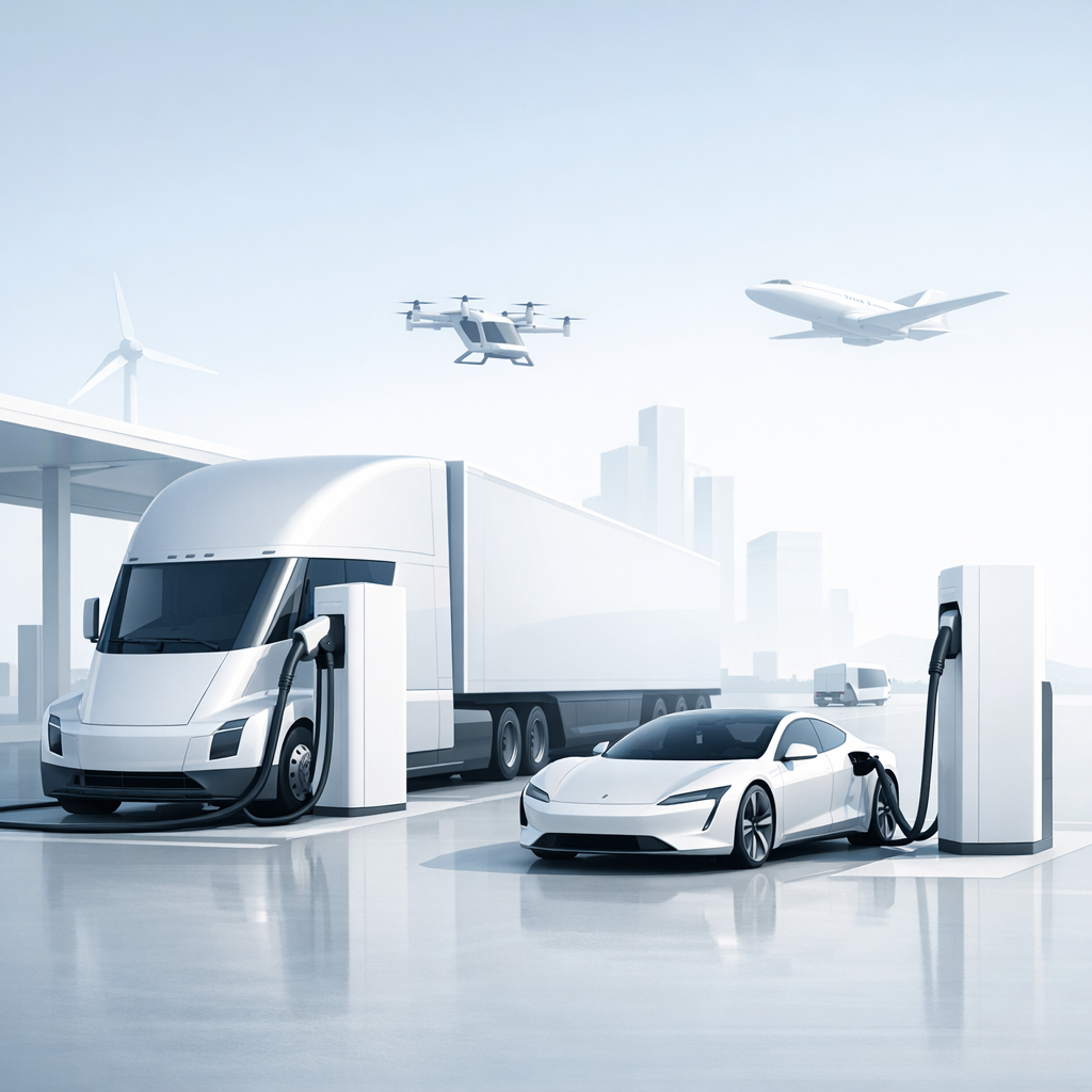 Clean minimalist visualization of megawatt charging infrastructure powering the future of electric mobility