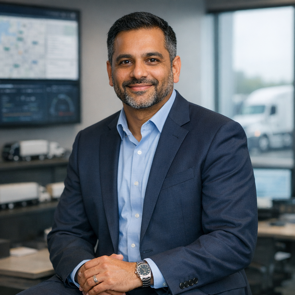 Professional portrait of Amir Patel, Head of Fleet Operations, in streamlined setting