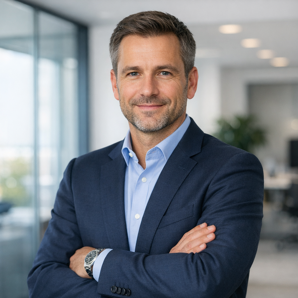 Professional portrait of David Müller, Senior Project Manager, in clean office environment