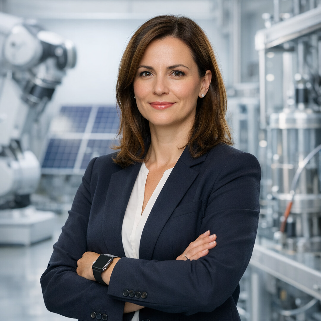 Professional portrait of Dr. Elena Kovač, TerraVoltix CTO, in clean technical environment