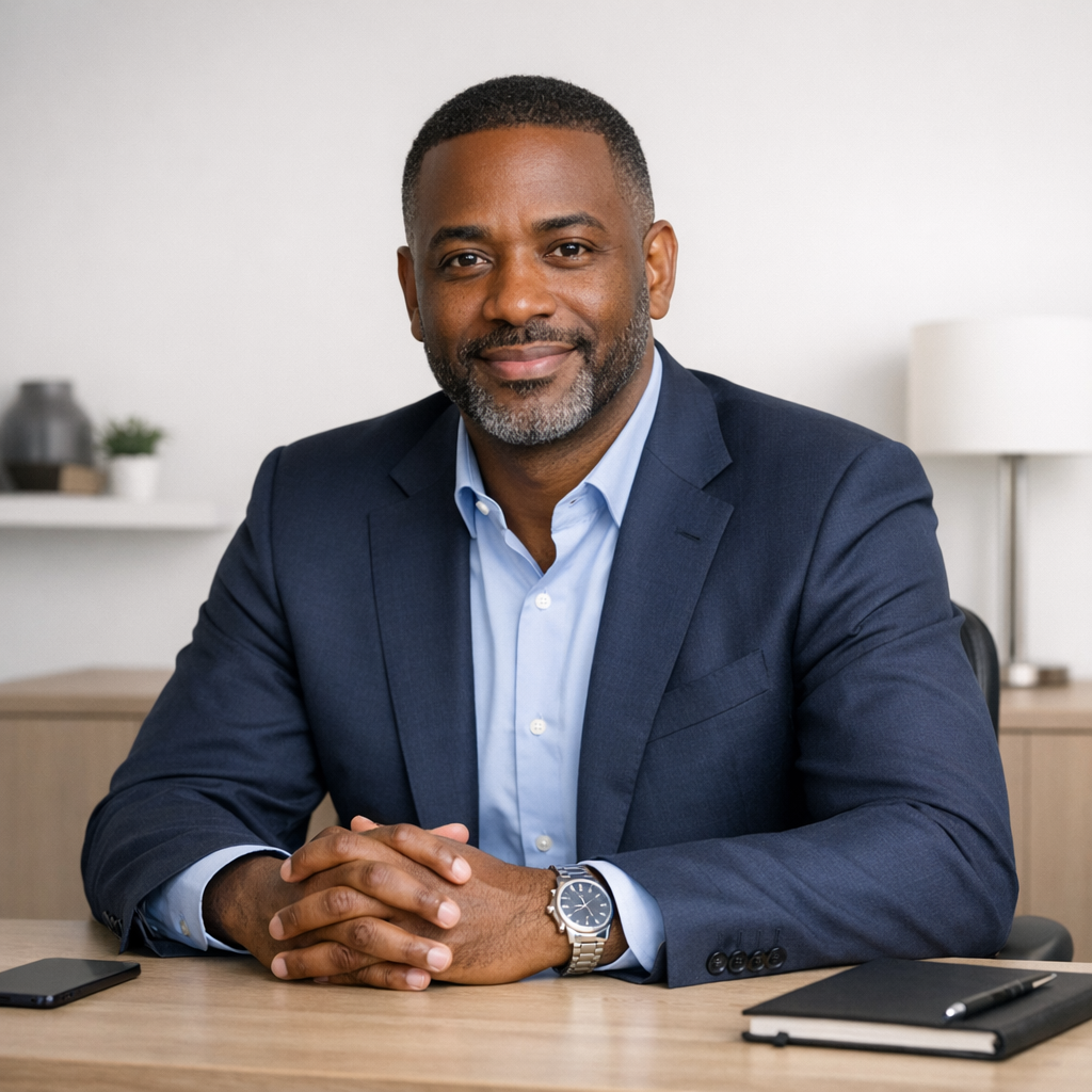 Professional portrait of James Okafor, VP Infrastructure Projects, in minimalist workspace