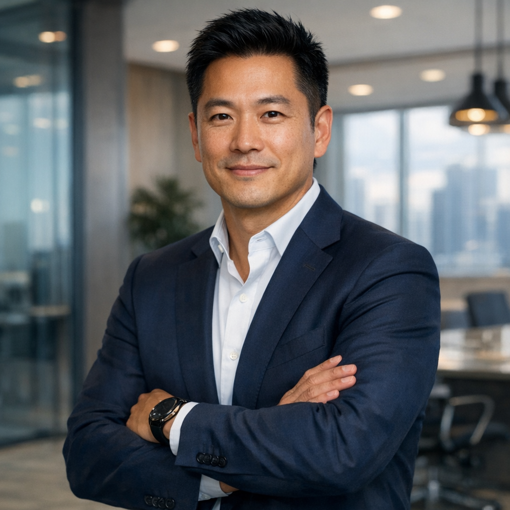 Professional portrait of Marcus Chen, TerraVoltix CEO, in modern office setting