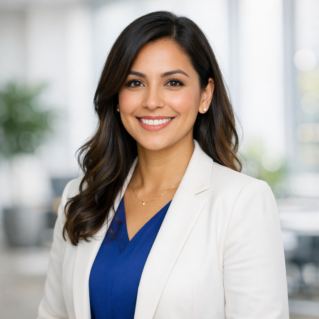 Professional portrait of Maria Santos, Customer Success Manager, in bright professional space