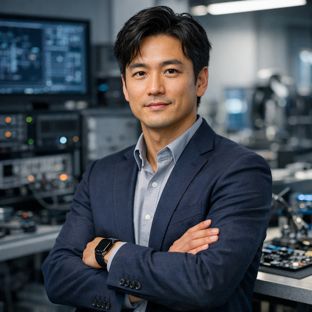 Professional portrait of Yuki Tanaka, Lead Systems Engineer, in modern technical workspace
